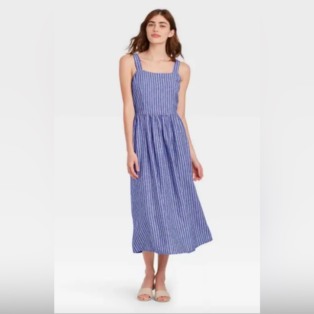 Linen Midi Dress | Blue White Striped | Who What Wear | Size L